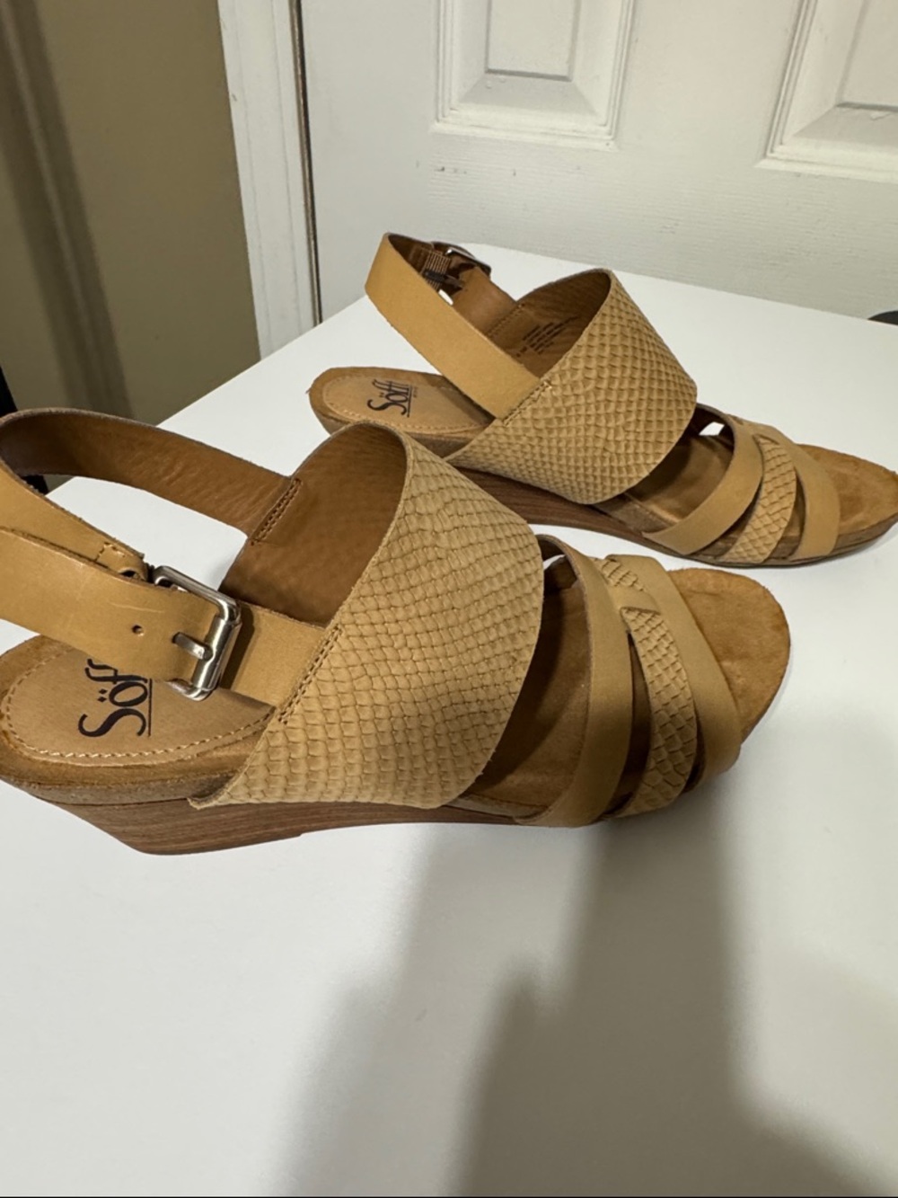 Sofft Tan Textured Leather Slingback Wedge Sandals